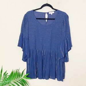 Umgee Navy Blue Gold Metallic Stripe Ruffle Sleeve Boho Tunic XL